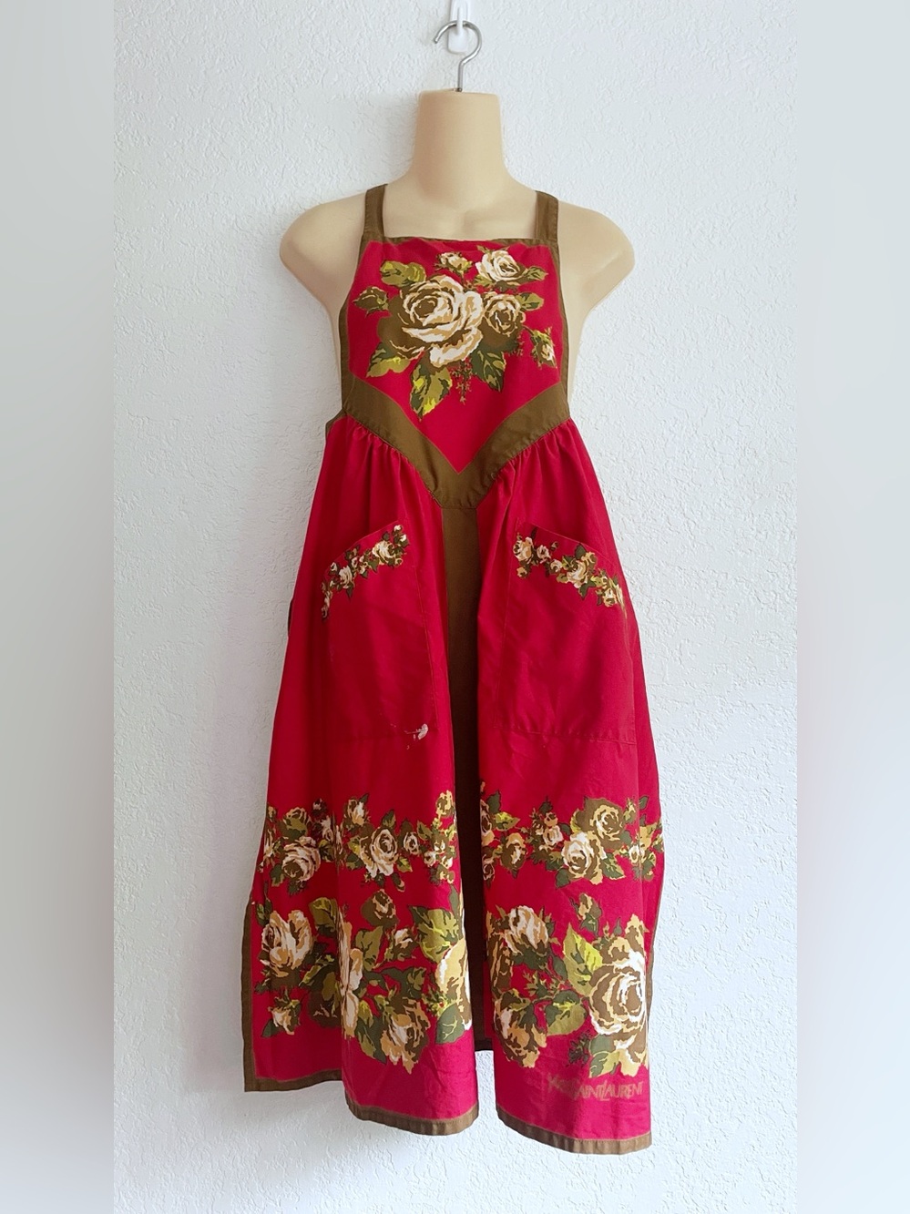 Vintage YSL Yves Saint Laurent Red Cotton Apron Japan Made Prairie Cottagecore